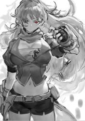 Rule 34 | 1girl, belt, blazer, breasts, buckle, cleavage, facing viewer, fingerless gloves, gloves, greyscale, hair over eyes, hair over one eye, hand up, highres, izumi sai, jacket, large breasts, long hair, midriff, monochrome, navel, one eye covered, puffy short sleeves, puffy sleeves, red eyes, rwby, scarf, short shorts, short sleeves, shorts, sketch, solo, thighs, vambraces, waist cape, wavy hair, yang xiao long
