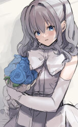 Rule 34 | 1girl, alternate costume, blue eyes, blue flower, blue rose, bouquet, bow, bowtie, dress, elbow gloves, flower, gloves, grey hair, highres, kantai collection, kashima (kancolle), one-hour drawing challenge, picoli1313, rose, sidelocks, sleeveless, sleeveless dress, solo, twintails, wavy hair, white bow, white bowtie, white dress, white gloves