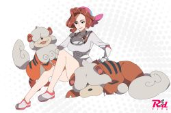 Rule 34 | 1girl, bandana, bare legs, breasts, brown hair, creatures (company), dress, game freak, gen 1 pokemon, gloves, goggles, goggles around neck, growlithe, headpat, highres, large breasts, legs, long sleeves, nintendo, palina (pokemon), pink headwear, pokemon, pokemon (creature), pokemon legends: arceus, r3dfive, shoes, short dress, sitting, smile, solo focus
