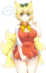 Rule 34 | ..., 1girl, alternate costume, animal ears, blonde hair, bow, breasts, brown eyes, chen, chen (cosplay), cleavage, cleavage cutout, clothing cutout, cosplay, dress, female focus, fox ears, fox tail, hat, heart, large breasts, mitsuami, multiple tails, panties, pantyshot, paw pose, red dress, red skirt, shirt, short hair, skirt, skirt tug, solo, striped clothes, striped panties, tail, touhou, undersized clothes, underwear, upskirt, vest, yakumo ran