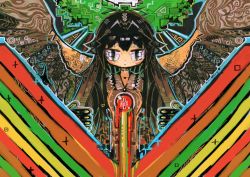 Rule 34 | 1girl, abstract, arm cannon, artist request, bad id, bad twitter id, black hair, colorful, long hair, looking at viewer, reiuji utsuho, solo, third eye, touhou, weapon
