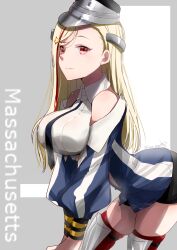 Rule 34 | 1girl, black necktie, black skirt, blonde hair, blue jacket, boots, breasts, collared shirt, hair ornament, headgear, highres, jacket, kantai collection, kimura shiki, large breasts, long hair, massachusetts (kancolle), miniskirt, multicolored clothes, multicolored hair, multicolored jacket, necktie, one-hour drawing challenge, red eyes, red hair, shirt, skirt, sleeveless, sleeveless shirt, smile, solo, star (symbol), star hair ornament, streaked hair, thigh boots, white jacket, white shirt