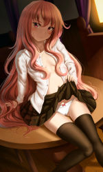 Rule 34 | 1girl, arm support, black skirt, black thighhighs, blush, bow, bow panties, breasts, cameltoe, closed mouth, clothes lift, collared shirt, curtains, dkoro, dress shirt, eyebrows hidden by hair, hair between eyes, head tilt, highres, indoors, lifted by self, long hair, long sleeves, looking at viewer, louise francoise le blanc de la valliere, navel, no bra, open clothes, open shirt, panties, pink hair, pleated skirt, red eyes, shirt, sitting, sitting on table, skirt, skirt lift, small breasts, smile, solo, sunlight, sunset, thighhighs, underwear, very long hair, white panties, white shirt, window, wooden floor, zero no tsukaima