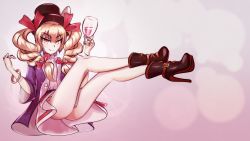 Rule 34 | 1girl, ass, bad id, bad pixiv id, bangle, bare legs, beige hair, belt, boots, bracelet, cafeier, commentary, cup, dress, drill hair, drinking glass, earrings, english commentary, gem, hair ribbon, hat, high heel boots, high heels, highres, holding, holding cup, jacket, jewelry, legs up, looking at viewer, miniskirt, nail polish, orange eyes, purple jacket, red ribbon, ribbon, ring, skirt, smile, solo, top hat, touhou, twintails, upskirt, white dress, white skirt, wine glass, yorigami jo&#039;on