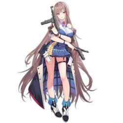 Rule 34 | 1girl, arm across waist, arm under breasts, black hair, blue dress, blue necktie, blush, boots, breasts, closed mouth, coat, collared dress, criin (659503), cross, dress, dual wielding, flower, full body, girls&#039; frontline, gun, holding, light brown hair, long hair, looking at viewer, mat-49, mat-49 (girls&#039; frontline), multicolored hair, necktie, off shoulder, official art, open clothes, open coat, pink eyes, pouch, red flower, red rose, rose, sidelocks, sleeve cuffs, sleeveless, sleeveless dress, smile, solo, streaked hair, submachine gun, thigh strap, thighs, transparent background, trigger discipline, very long hair, weapon, wristband