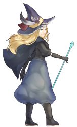 Rule 34 | 1girl, black mage (final fantasy), blonde hair, blue eyes, boots, cape, final fantasy, from side, hat, highres, holding, kangda-nim, long hair, looking at viewer, original, puffy pants, simple background, smile, solo, staff, standing, wand, weapon, white background