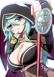 Rule 34 | 1girl, alternate costume, blue eyes, blue hair, blush, breasts, cleavage, looking at viewer, mary skelter, mizunashi (second run), shirayuki hime (mary skelter), short hair, sleeping beauty (mary skelter), solo