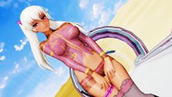 Rule 34 | 1girl, 3d, artist request, blonde hair, blush, bodypaint, breasts, censored, curvy, dark-skinned female, dark skin, day, desert, embarrassed, female focus, highres, kangoku senkan, kangoku senkan 3, kila kushan, large breasts, long hair, moaning, nipples, no pussy, nude, painted clothes, pink eyes, portal (object), shiny skin, solo, standing, stomach, sweat, twintails, wet
