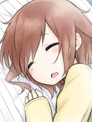 Rule 34 | 10s, 1girl, blush, brown hair, close-up, closed eyes, fang, ikazuchi (kancolle), kantai collection, myonde, open mouth, pajamas, pillow, short hair, sleeping, sleeves past wrists, solo