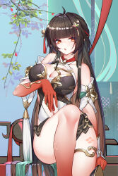 1girl :o absurdres ahoge bare_shoulders black_dress black_hair breasts chinese_clothes cleavage clothing_cutout colored_extremities dakimakura_(medium) dress highres honkai:_star_rail honkai_(series) large_breasts lingsha_(honkai:_star_rail) long_hair misheng_liu_yin navel navel_cutout pointy_ears red_eyes red_hands sitting solo thighs