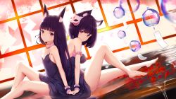 Rule 34 | 2girls, airool, animal ear fluff, animal ears, azur lane, bare legs, bare shoulders, barefoot, black dress, black hair, blurry, blurry background, blush, breasts, bubble, cat ears, cat mask, closed mouth, collarbone, commentary request, depth of field, dress, dutch angle, flower, from side, highres, holding hands, knee up, long hair, looking at viewer, looking to the side, mask, mask on head, medium breasts, multiple girls, nagato (azur lane), red eyes, red flower, sitting, small breasts, strapless, strapless dress, thighs, very long hair, wind chime, window, wrist cuffs, yamashiro (azur lane)