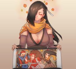 Rule 34 | 1girl, alex (cerealex), armor, breasts, brown eyes, brown hair, cleavage, closed mouth, commentary, english commentary, fire emblem, fire emblem fates, fire emblem heroes, gloves, hair over one eye, highres, holding, holding scroll, kagero (fire emblem), large breasts, long hair, mask, ninja, nintendo, one eye closed, ponytail, red armor, ryoma (fire emblem), saizo (fire emblem), scar, scarf, scroll, smile, solo, spiked hair, sword, very long hair, weapon