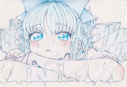 Rule 34 | 1girl, blue bow, blue eyes, blue hair, blush, bow, cirno, commentary, crossed arms, frown, hair bow, head on arm, highres, hot, ice, ice wings, iigudaguda1122, looking at viewer, medium hair, melting, open mouth, shirt, short sleeves, simple background, solo, summer, sweat, touhou, traditional media, triangle mouth, wavy eyes, wavy hair, wet, white background, white shirt, wings