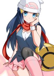 Rule 34 | 1girl, bag, beanie, black thighhighs, blue eyes, blush, boots, closed mouth, commentary request, creatures (company), dawn (pokemon), duffel bag, eyelashes, game freak, hair ornament, hairclip, hand on own cheek, hand on own face, hat, highres, long hair, looking at viewer, nintendo, over-kneehighs, pink footwear, pink skirt, pokemon, pokemon dppt, red scarf, scarf, shirt, sidelocks, skirt, sleeveless, sleeveless shirt, smile, solo, thighhighs, white hat, yellow bag, yuihico
