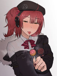 Rule 34 | 1girl, blush, candy, food, girls&#039; frontline, highres, incoming food, lollipop, looking at viewer, medium hair, mizukamakiri, mp7 (girls&#039; frontline), nail polish, off-shoulder jacket, off shoulder, red hair, red nails, saliva, saliva trail, side ponytail, solo, tongue, tongue out, yellow eyes