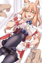 Rule 34 | 1girl, :d, animal ear fluff, animal ears, bad id, bad pixiv id, blush, breasts, brown hair, cameltoe, fate/grand order, fate (series), feet, fox ears, hand on own hip, long hair, maid headdress, medium breasts, no shoes, open mouth, pantyhose, pov, pov hands, shirokuma a, smile, soles, solo focus, suzuka gozen (fate), thighband pantyhose, toes, wrist cuffs, yellow eyes