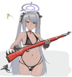 Rule 34 | 1girl, black gloves, blue archive, breasts, casing ejection, choker, clich51368861, detached sleeves, gloves, grey hair, gun, halo, iori (blue archive), iori (swimsuit) (blue archive), long hair, navel, red eyes, rifle, shell casing, sidelocks, simple background, small breasts, thigh gap, twintails, weapon, white background