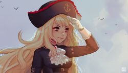 Rule 34 | 1girl, anchor symbol, arm at side, artist name, ascot, backlighting, bird, black hat, black shirt, blonde hair, breasts, brown eyes, closed mouth, commentary, gloves, hat, long hair, long sleeves, medium breasts, original, outdoors, pirate, salute, shari cote, shirt, swept bangs, thick eyebrows, upper body, v-shaped eyebrows, very long hair, white ascot, white gloves