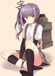 Rule 34 | 10s, 1girl, 501092-taka, arm warmers, black legwear, blouse, bow, brown eyes, buttons, hair bow, hair ornament, hair ribbon, holding legs, kantai collection, kasumi (kancolle), long hair, looking at viewer, machinery, pleated skirt, ribbon, school uniform, shirt, short sleeves, side ponytail, silver hair, simple background, sitting, skirt, solo, suspender skirt, suspenders, white shirt