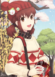 Rule 34 | 1girl, :d, beanie, brown eyes, brown hair, cherry blossoms, dated, hat, hat ornament, looking at viewer, minari, open mouth, original, petals, plaid, plaid shirt, shirt, short hair, short twintails, signature, smile, snack, solo, sweater, tree, twintails, upper body