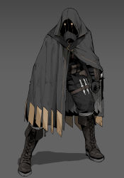 Rule 34 | 1boy, absurdres, black cape, black footwear, black mask, black pants, boots, cape, commentary, dagger, english commentary, full body, gogalking, grey background, highres, hood, hood up, hooded cape, knife, male focus, mask, masked, original, pants, shadow, simple background, solo, weapon