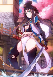 Rule 34 | 1girl, black footwear, black hair, boat, boots, breasts, building, cherry blossoms, cleavage cutout, closed mouth, clothing cutout, commentary request, day, full body, gauntlets, green eyes, holding, holding sword, holding weapon, jacket, kaihime, katana, layered clothes, layered sleeves, long hair, long skirt, long sleeves, looking at viewer, medium breasts, moeru! jiten, moeru! senjou no otome jiten, official art, outdoors, pelvic curtain, short over long sleeves, short sleeves, skirt, smile, solo, standing, sword, thigh boots, thighhighs, underboob, usugiri bacon, water, watercraft, weapon, white jacket, white skirt