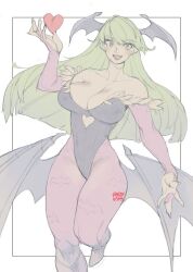 Rule 34 | 1girl, 2023, artist name, black border, black leotard, blush, border, breasts, bridal gauntlets, cleavage, collarbone, commentary, english commentary, green eyes, green hair, head wings, large breasts, leotard, long hair, looking at viewer, low wings, morrigan aensland, muted color, off shoulder, open hand, open mouth, outside border, pantyhose, purple pantyhose, smile, snowcie, solo, vampire (game), very long hair, white background, wings