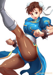 Rule 34 | 1girl, boots, bracelet, brown hair, bun cover, capcom, chinese clothes, chun-li, double bun, jewelry, kicking, knee boots, legs, pantyhose, pelvic curtain, short hair, solo, spiked bracelet, spikes, street fighter, suoni (deeperocean), thighs