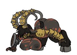 Rule 34 | 1girl, animal ears, arm strap, armor, ass, bandaged arm, bandaged neck, bandages, black hair, bodypaint, breasts, chain, colored skin, concept art, covered mouth, dark nipples, darkest dungeon, full body, functionally nude, furry, furry female, goat ears, goat girl, goat horns, goat legs, goat tail, grey skin, hair over one eye, helmet, horns, huge ass, large breasts, monster girl, nipples, no bra, no panties, nude, pauldrons, red eyes, segmented horns, shield, short hair, shoulder armor, solo, tail, transparent background, vambraces, xelsword