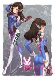 Rule 34 | 1girl, arm at side, arm up, ass, blush, bodysuit, breasts, brown hair, character name, closed mouth, clothes writing, covered navel, cowboy shot, d.va (overwatch), facepaint, facial mark, from behind, full body, gloves, grey background, gun, hand in own hair, hand on own hip, headgear, highres, holding, holding gun, holding weapon, medium breasts, multiple views, natsuhara, overwatch, overwatch 1, parted lips, pink lips, profile, revision, simple background, skin tight, standing, trigger discipline, walking, weapon, whisker markings, white gloves