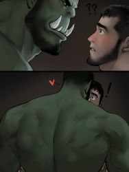 Rule 34 | !, 2boys, back, bara, beard, colored skin, couple, dopey (dopq), eye contact, facial hair, fangs, from behind, green skin, heart, highres, interspecies, kiss, looking at another, male focus, mature male, monster boy, multiple boys, muscular, muscular male, orc, original, paid reward available, short hair, size difference, thick eyebrows, upper body, yaoi