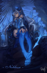 Rule 34 | 1girl, 903506307, absurdres, blue eyes, blue thighhighs, blurry, claws, depth of field, dress, elsword, feet, female focus, hand on own knee, highres, horns, long hair, luciela r. sourcream, noblesse (elsword), pointy ears, silver hair, sitting, solo, tail, thighhighs, throne, toes, twintails