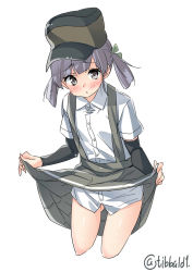 Rule 34 | 10s, 1girl, arm warmers, blush, bottomless, brown eyes, brown skirt, buttons, collared shirt, cowboy shot, cropped legs, ebifurya, gluteal fold, green ribbon, grey hair, hair ribbon, hat, highres, kantai collection, looking at viewer, no panties, no pants, ooshio (kancolle), parted lips, ribbon, shirt, short sleeves, simple background, skirt, solo, suspender skirt, suspenders, twintails, twitter username, white background, white shirt