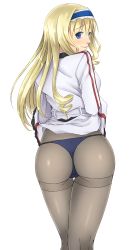 Rule 34 | 10s, 1girl, absurdres, ass, blonde hair, blue eyes, blush, breasts, cecilia alcott, clothes lift, drill hair, from behind, hairband, highres, infinite stratos, long hair, looking at viewer, looking back, panties, panties under pantyhose, pantyhose, school uniform, simple background, skirt, skirt hold, skirt lift, smile, solo, takatora, thong, underwear