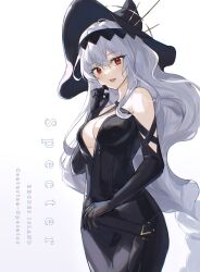 Rule 34 | 1girl, 2naom8q6gt87292, absurdres, arknights, bare shoulders, black dress, breasts, cleavage, dress, english text, finger to cheek, halter dress, halterneck, hat, highres, large breasts, long hair, looking at viewer, red eyes, solo, specter (arknights), very long hair, white background, white hair