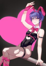 Rule 34 | 1boy, absurdres, animal ears, arm up, bare shoulders, chobonu, cleavage cutout, clothing cutout, fake animal ears, genshin impact, hair ornament, hairband, hand up, highres, leotard, looking at viewer, male focus, pantyhose, pink hairband, pink ribbon, playboy bunny, purple eyes, purple hair, rabbit ears, rabbit hole (vocaloid), ribbon, scaramouche (genshin impact), short hair, smile, solo, teeth, x hair ornament