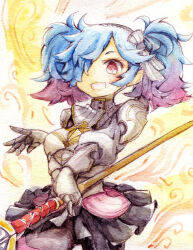Rule 34 | 1girl, 7mmnote, blue hair, fire emblem, fire emblem fates, hair ribbon, highres, holding, holding polearm, holding weapon, multicolored hair, nintendo, open mouth, peri (fire emblem), pink hair, polearm, red eyes, ribbon, short twintails, skirt, solo, traditional media, turtleneck, twintails, two-tone hair, upper body, weapon