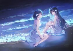 Rule 34 | 2girls, arm on knee, bare legs, bare shoulders, barefoot, black hair, blue eyes, blush, breasts, closed mouth, criss-cross back-straps, dress, flower, from side, hair flower, hair ornament, highres, knees to chest, knees up, long bangs, long hair, looking at viewer, multiple girls, night, ocean, original, outdoors, raised eyebrows, shore, short hair, sidelocks, sitting, sleeveless, sleeveless dress, small breasts, smile, ssum (ehf dustk), water, white dress, white flower