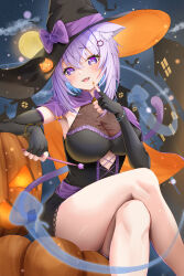 1girl absurdres alternate_costume animal_ear_fluff black_dress black_gloves black_hat blush breasts cat_girl cleavage crossed_legs dress elbow_gloves fingerless_gloves full_moon gloves hat highres holding holding_wand hololive large_breasts medium_hair moon nekomata_okayu night onigirya_(nekomata_okayu) purple_eyes purple_hair see-through_cleavage see-through_clothes sitting solo torakichi_888 virtual_youtuber wand witch_hat