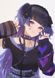 Rule 34 | 1girl, :3, absurdres, asymmetrical sleeves, black hair, black hairband, blunt bangs, blush, claw pose, collarbone, facepaint, fingernails, hairband, heart, highres, idolmaster, idolmaster shiny colors, jewelry, long hair, looking at viewer, mayuzumi fuyuko, multicolored hair, nail polish, nekoplanetouo, purple hair, ring, simple background, smile, solo, two-tone hair, two side up, upper body, very long hair, white background