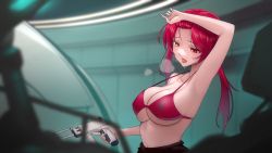 Rule 34 | 1girl, absurdres, armpits, arrow through heart, bare shoulders, bikini, bikini top only, blurry, breasts, breath, cleavage, commentary request, depth of field, halterneck, heterochromia, highres, hololive, houshou marine, large breasts, ponytail, red hair, solo, somebody (leiking00), strap gap, subnautica, sweat, swimsuit, underboob, virtual youtuber, wiping sweat