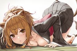Rule 34 | 1girl, alternate costume, animal ears, arknights, black kimono, black nails, blush, breast press, breasts, brown eyes, brown hair, cleavage, highres, japanese clothes, kimono, lion ears, lion tail, long hair, long sleeves, looking at viewer, medium breasts, nail polish, obi, parted lips, ponytail, sash, siege (arknights), simple background, solo, tail, tatami, top-down bottom-up, wet.elephant, white background