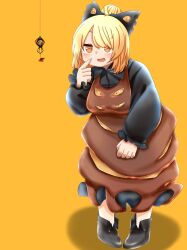 Rule 34 | 1girl, black bow, black footwear, black shirt, blonde hair, blush, bow, breasts, brown dress, bug, collared shirt, commentary request, dress, extra eyes, flower, frilled sleeves, frills, full body, hair between eyes, hair bow, hair bun, highres, kurodani yamame, long dress, long sleeves, medium breasts, medium hair, open mouth, pinafore dress, red flower, ribbon, rinyamame, shirt, shoes, simple background, sleeveless dress, solo, spider, standing, touhou, yellow eyes, yellow ribbon