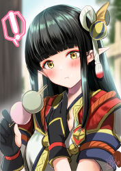 Rule 34 | !, :t, azuma yuki, black gloves, blunt bangs, blurry, blurry background, blush, capcom, closed mouth, dango, depth of field, eating, food, food on face, gloves, hands up, head tilt, highres, hinoa, holding, holding food, looking at viewer, monster hunter (series), monster hunter rise, partially fingerless gloves, pointy ears, sanshoku dango, signature, solo, spoken exclamation mark, upper body, wagashi, wavy mouth, yellow eyes