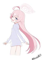 Rule 34 | 1girl, absurdres, ahoge, blue archive, blue eyes, blush, cowboy shot, cropped legs, durandal (kei), halo, highres, hoshino (blue archive), long hair, long sleeves, looking at viewer, one eye closed, open mouth, pink hair, pink halo, shirt, simple background, smile, solo, white background, white shirt