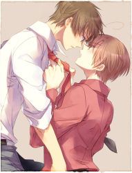 Rule 34 | 2boys, ahoge, arms up, axis powers hetalia, border, brown hair, eye contact, green eyes, height difference, karashio, leaning, leaning forward, looking at another, looking up, male focus, multiple boys, necktie, necktie grab, neckwear grab, open mouth, pants, simple background, sleeves rolled up, southern italy (hetalia), spain (hetalia), yaoi