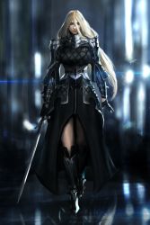 Rule 34 | 1girl, angelise reiter, armor, armored dress, warrior of light (ff14), backlighting, bad id, bad twitter id, black dress, blush, boots, borrowed character, breasts, commentary, commission, corset, crest, dress, english commentary, eyeshadow, final fantasy, final fantasy xiv, front slit, gauntlets, giulia carli, greaves, grey eyes, hair between eyes, highres, holding, holding sword, holding weapon, hyur, knee boots, large breasts, lens flare, lips, long dress, long hair, looking at viewer, makeup, mascara, nose, over-kneehighs, pauldrons, realistic, shoulder armor, solo, sword, thighhighs, thighhighs under boots, walking, weapon, zweihander