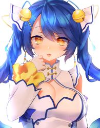 Rule 34 | 1girl, ahoge, alternate breast size, amamiya kokoro, bell, blue hair, blush, bow, breasts, cleavage cutout, clothing cutout, commentary, detached sleeves, dress, eyes visible through hair, fang, hair bell, hair bow, hair ornament, highres, jingle bell, large breasts, long sleeves, looking at viewer, neit ni sei, nijisanji, open mouth, ribbon, simple background, skin fang, smile, solo, twintails, upper body, virtual youtuber, white background, white bow, white dress, yellow eyes