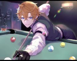 Rule 34 | 1boy, alternate costume, ball, billiard ball, billiards, black gloves, black pants, black vest, blue eyes, building, crossed bangs, cue stick, cup, earrings, genshin impact, gloves, gumilkx, hair between eyes, highres, jewelry, letterboxed, male focus, night, orange hair, pants, parted lips, pool table, ring, shirt, single earring, solo, sparkle, table, tartaglia (genshin impact), vest, white shirt, window