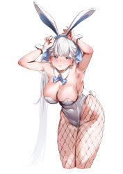 Rule 34 | 1girl, absurdres, animal ears, armpits, arms up, blush, breasts, cleavage, collect2233, colored eyelashes, commentary request, covered navel, fake animal ears, fake tail, fishnet pantyhose, fishnets, grey eyes, highleg, highleg leotard, highres, jinhsi (wuthering waves), large breasts, leotard, long hair, looking at viewer, pantyhose, playboy bunny, rabbit ears, rabbit tail, simple background, solo, strapless, strapless leotard, tail, white background, white hair, white leotard, wuthering waves